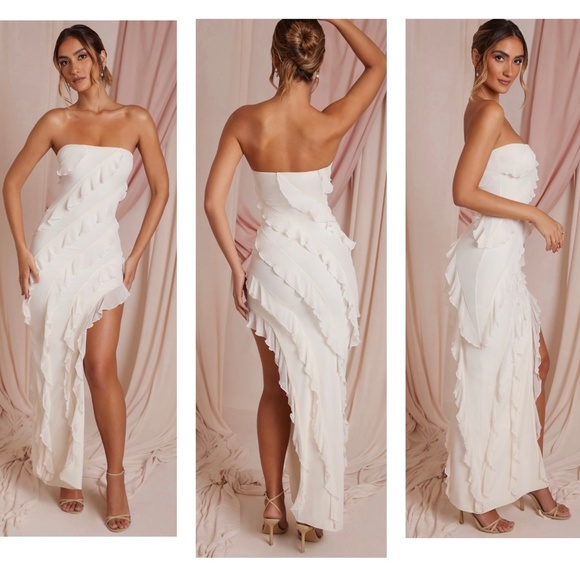 NWT OH POLLY NEVALI Bandeau Ruffle Detail Maxi Dress in Ivory - Picture 1 of 3